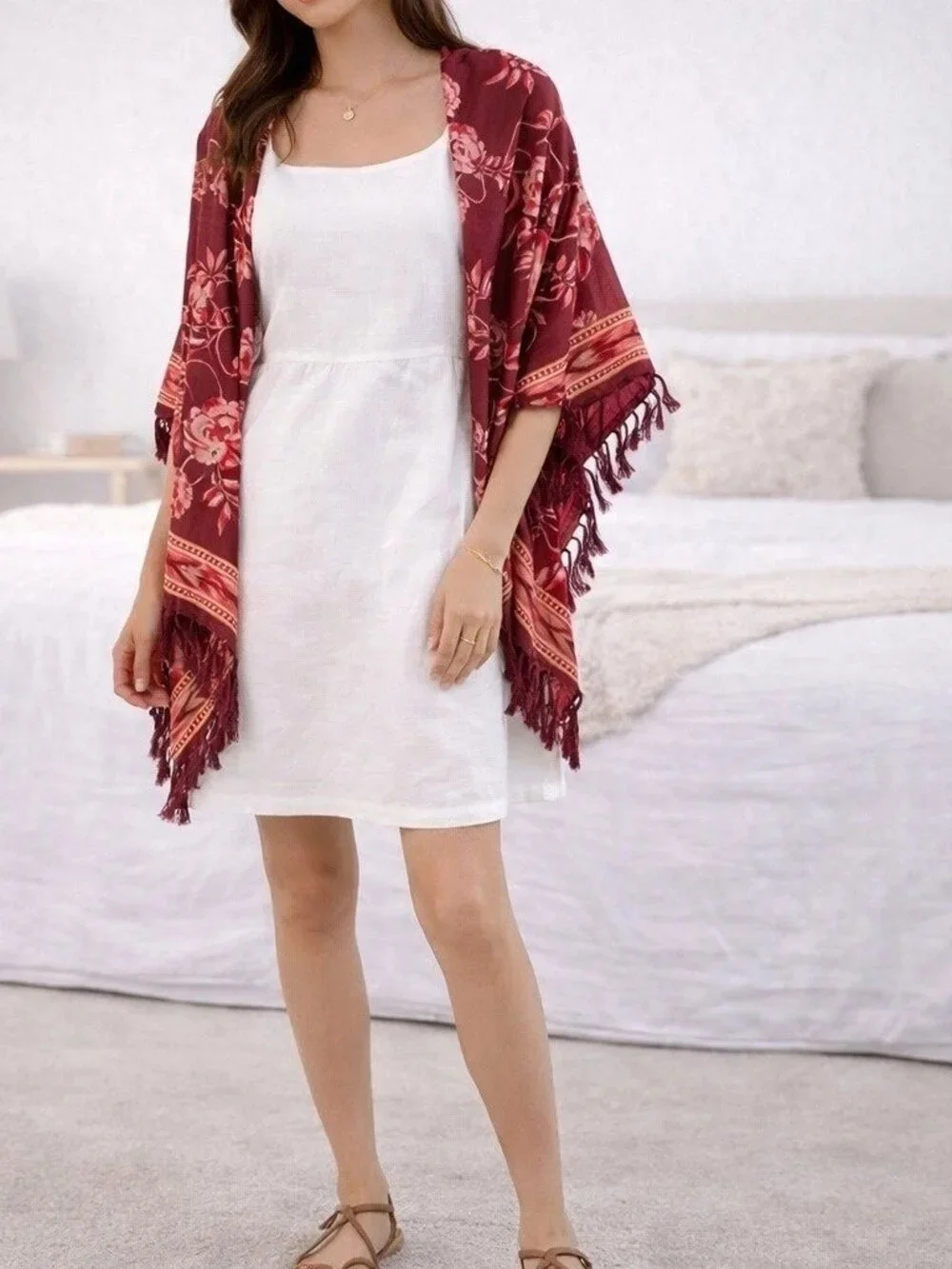 Lucky Brand Gracious Rose Silk Fringe Scarf Gorgeous